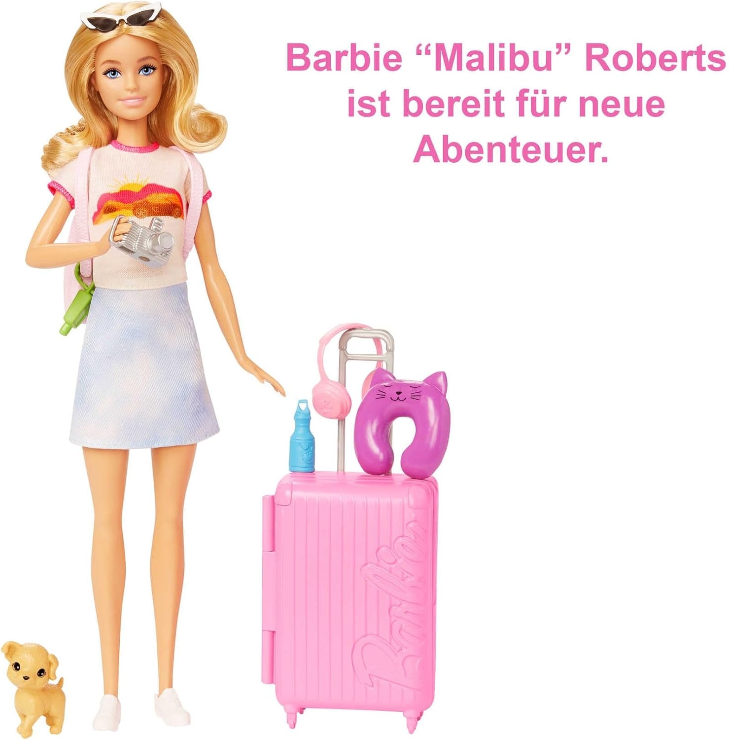 Bambola Barbie, Barbie da viaggio con capelli biondi, 10+ accessori da viaggio, adesivi, valigia, cucciolo, include 1 bambola, regalo per bambini, giocattolo età 3+, HJY18