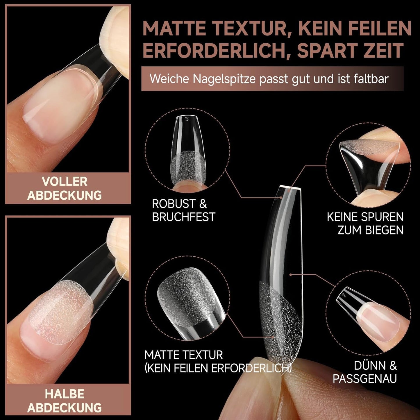 Punte per unghie in gel ballerina 216 pezzi 12 dimensioni Punte per unghie in gel morbido Copertura completa Set di estensioni per unghie Semi opaco Fai da te Home Art