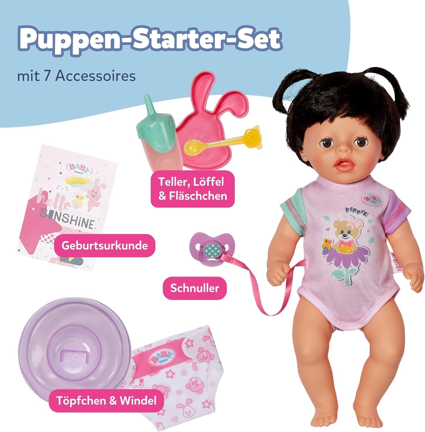 BABY Born Amy - Bambola da 36 cm - Bambolina con 7 funzioni per bambini a partire da 1 anno - Funziona senza batterie - Include accessori e materasso