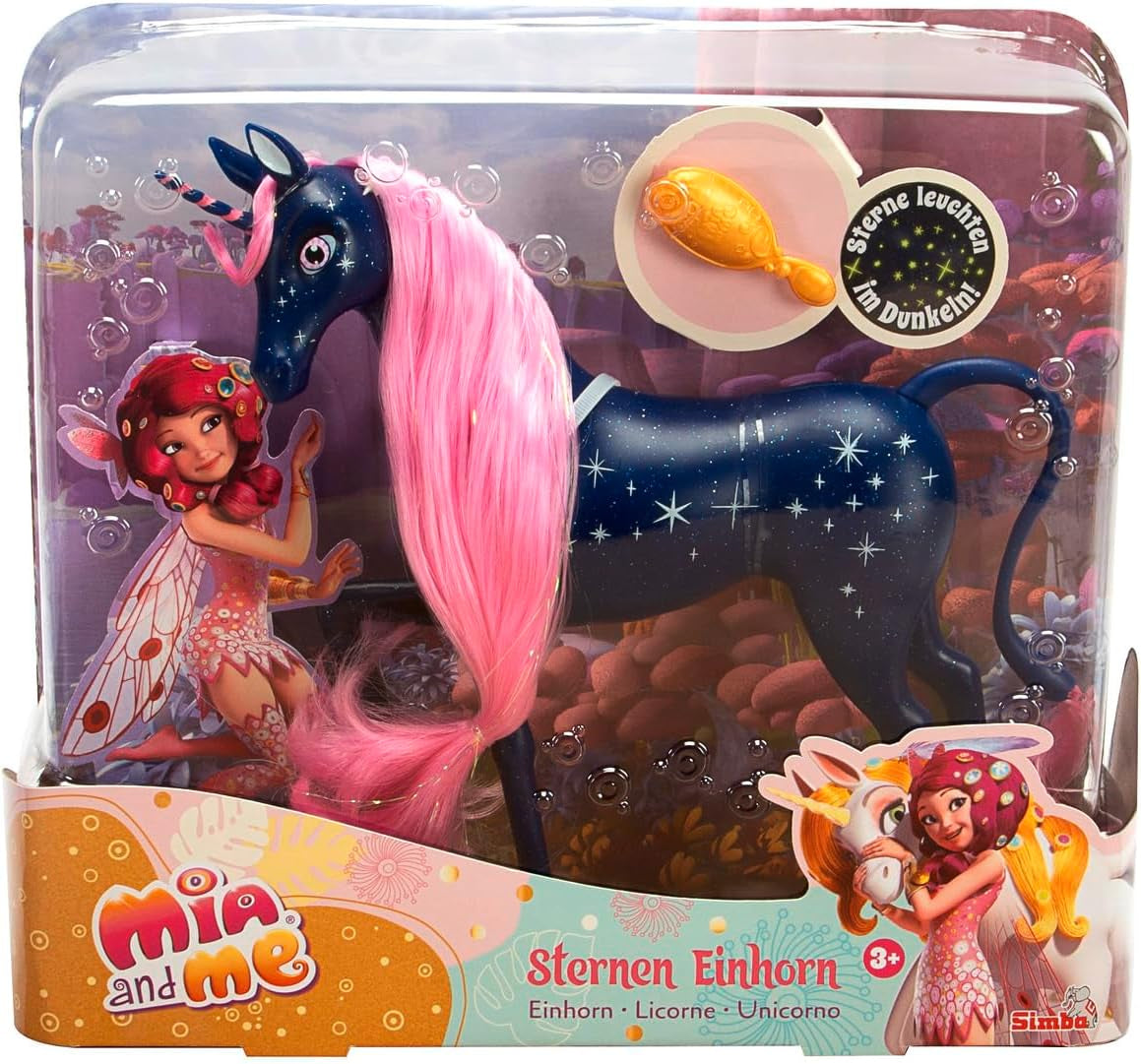 Simba 109483043 - Mia and Me Starry Unicorn 25 cm, cavallo giocattolo con stelle luminose al buio sul corpo e spazzola per capelli, dai 3 anni in su