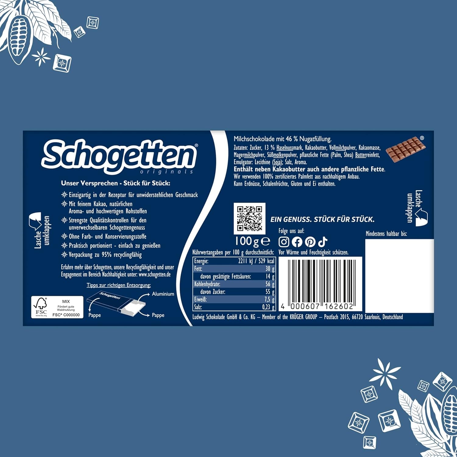 Tavoletta di cioccolato Schogetten Nougat 100g, porzionata singolarmente. Una delizia. Pezzo per pezzo.
