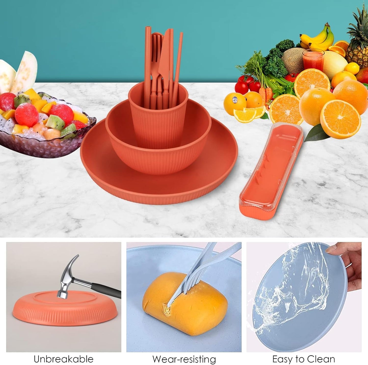 Set di posate indistruttibili per 6 persone Set di posate da campeggio 66 pezzi Set di posate da picnic in plastica Leggero colorato BBQ Piatti da portata in plastica Ciotole Set di posate