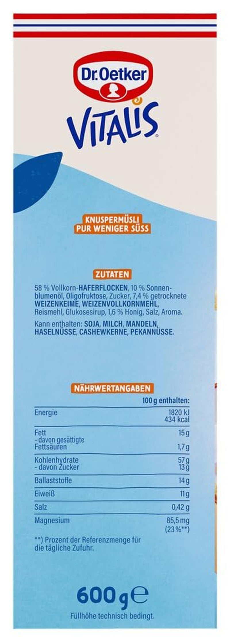Dr. Oetker Vitalis Less Sweet Crunchy Pure: muesli croccante con il 30% di zucchero in meno, confezione da 5 (5 x 600 g)