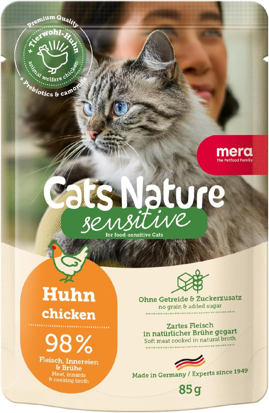 Cibo umido per gatti MERA Cats Nature Sensitive con pollo 12x85g | Monoproteico, senza zucchero e senza cereali | Alimento umido per gatti ad alto contenuto di carne e facilmente digeribile