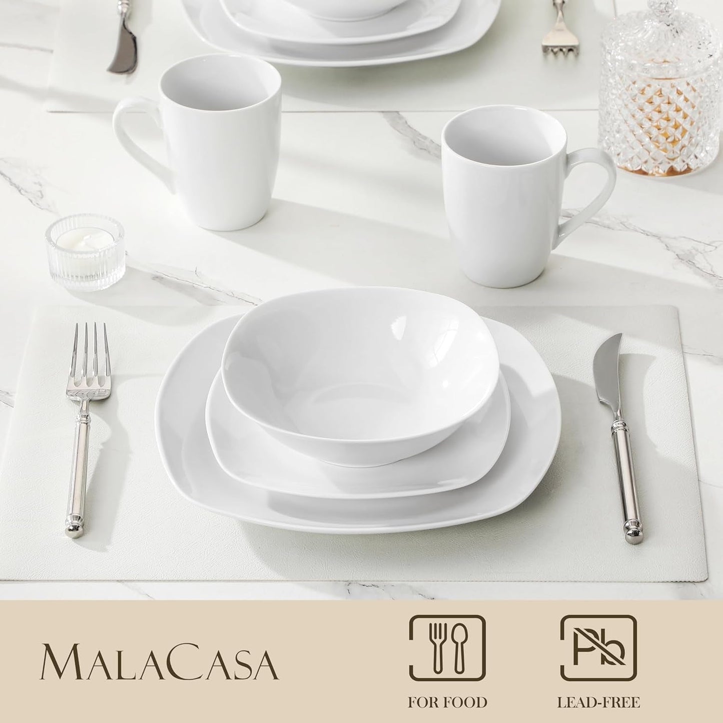 MALACASA Servizio Piatti per 4, Stoviglie Porcellana Bianca 16 Pezzi, Servizio Piatti Moderno con 4 Piatti Piani, Piatti Dessert, Piatti e Tazze Suma, Serie ELISA