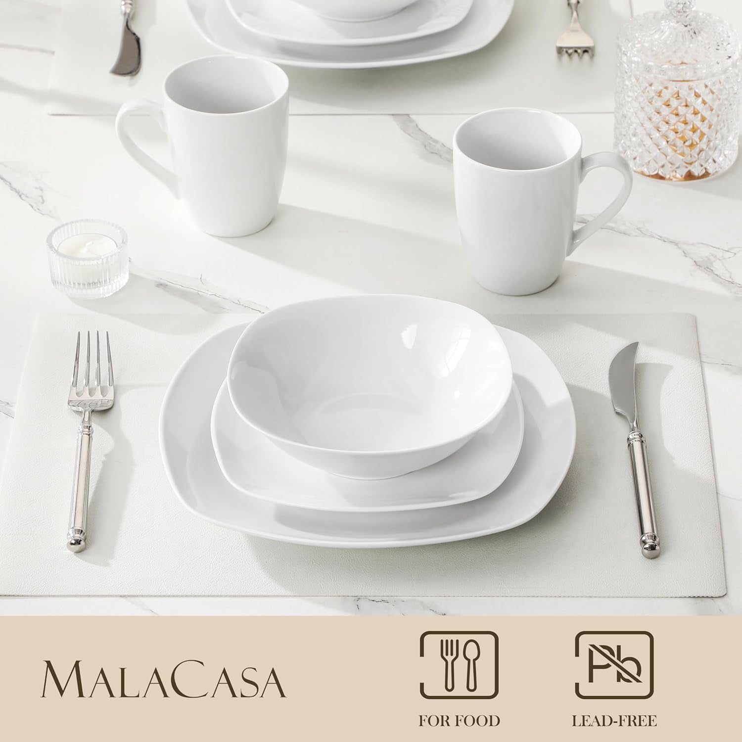 MALACASA Servizio Piatti per 4, Stoviglie Porcellana Bianca 16 Pezzi, Servizio Piatti Moderno con 4 Piatti Piani, Piatti Dessert, Piatti e Tazze Suma, Serie ELISA