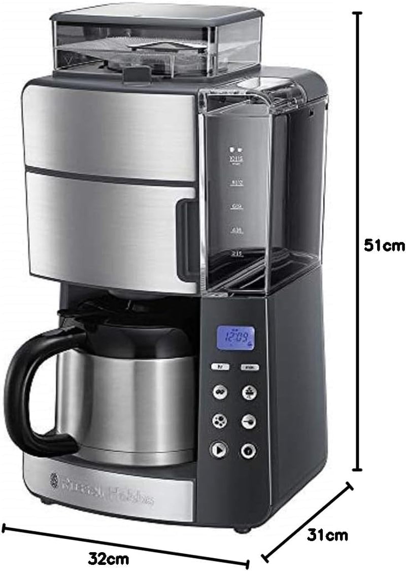 Caffettiera Russell Hobbs con macinacaffè e caraffa termica [Timer digitale, soffione doccia per estrazione e aroma ottimali] Grind&Brew (1-10 tazze, 3 impostazioni di macinatura) Caffettiera con filtro 25620-56