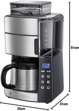 Caffettiera Russell Hobbs con macinacaffè e caraffa termica [Timer digitale, soffione doccia per estrazione e aroma ottimali] Grind&Brew (1-10 tazze, 3 impostazioni di macinatura) Caffettiera con filtro 25620-56