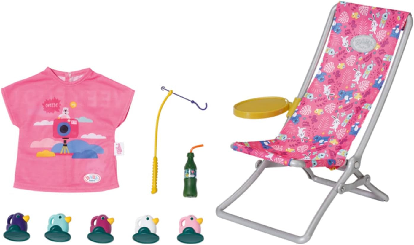 BABY Born 832790 Weekend Fishing - Set di accessori per bambola da pesca con lettino con stampa vivace, tavolino, bicchiere, cestino, anatroccoli e canna da pesca e maglietta lunga rosa, Rosa
