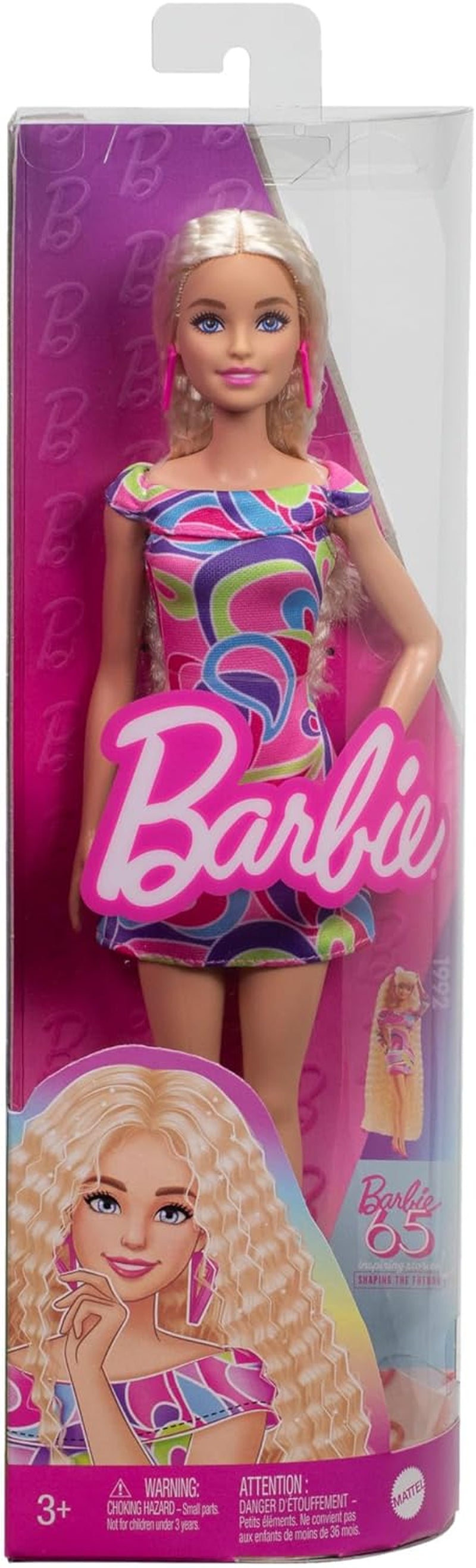 Barbie Fashionistas #223 Bambola con capelli biondi ondulati, vestito e accessori ispirati a Totally Hair, bambola alla moda da collezione per il 65° anniversario, HRH20