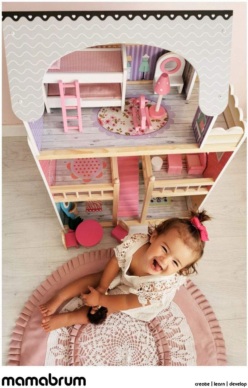 A405 Casa delle bambole illuminata a LED - Set di 3 piani e mobili - Casetta in legno con accessori: cucina, bagno, camera da letto - Regalo per ragazze dai 3 anni in su Case delle bambole Naty Shop