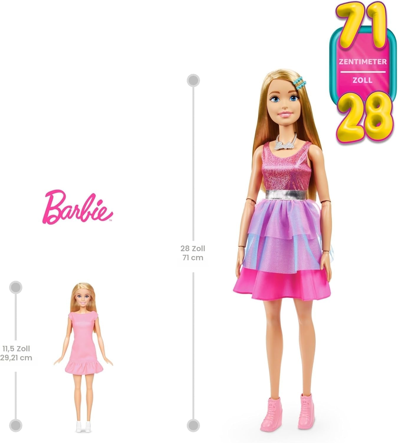 Bambola Barbie Extra Large (71 cm) - Abito rosa, capelli biondi con clip e collana, regalo per 3 anni e oltre, HJY02