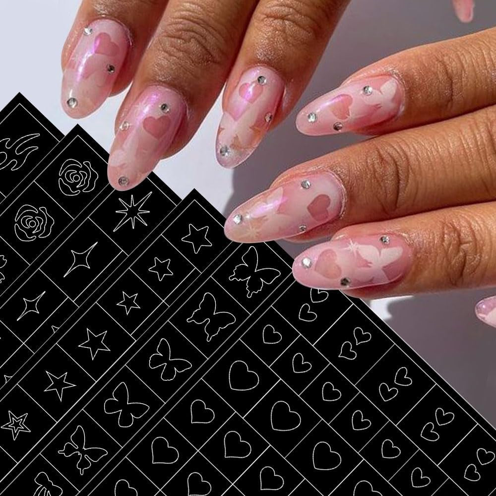 6 Fogli Modello Aerografo Adesivi per Unghie, Farfalla Fiamma Stelle Cuore Stelle Adesivi per Unghie Stampa Stencil Strumento Nail Art Adesivi Autoadesivi per Donne Nail Art Design Adesivi