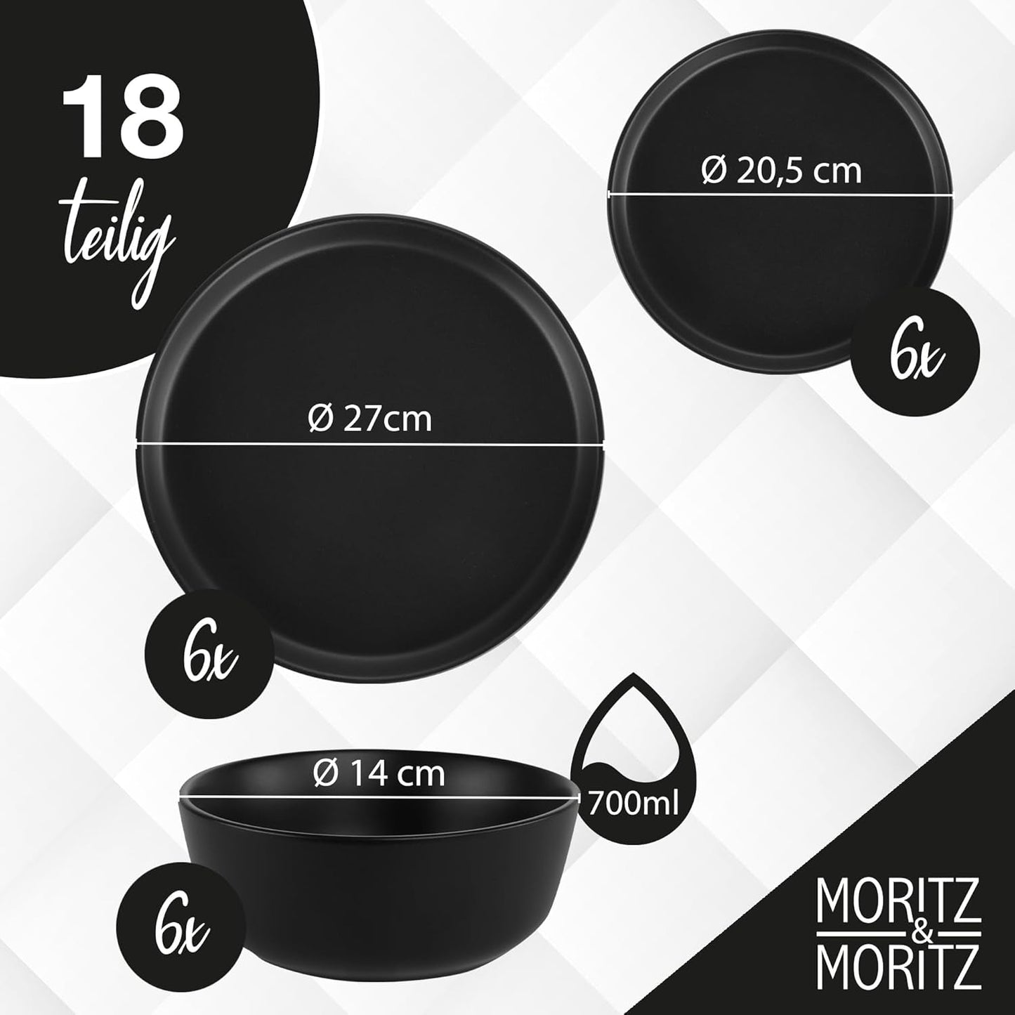 Moritz & Moritz NORDIC Servizio Piatti per 6 Persone - Servizio Piatti in Gres Nero da 18 Pezzi - Design Scandinavo - Robusto Servizio Piatti per 6 Persone per l'Uso Quotidiano e per gli Ospiti - Set Piatti Combinato