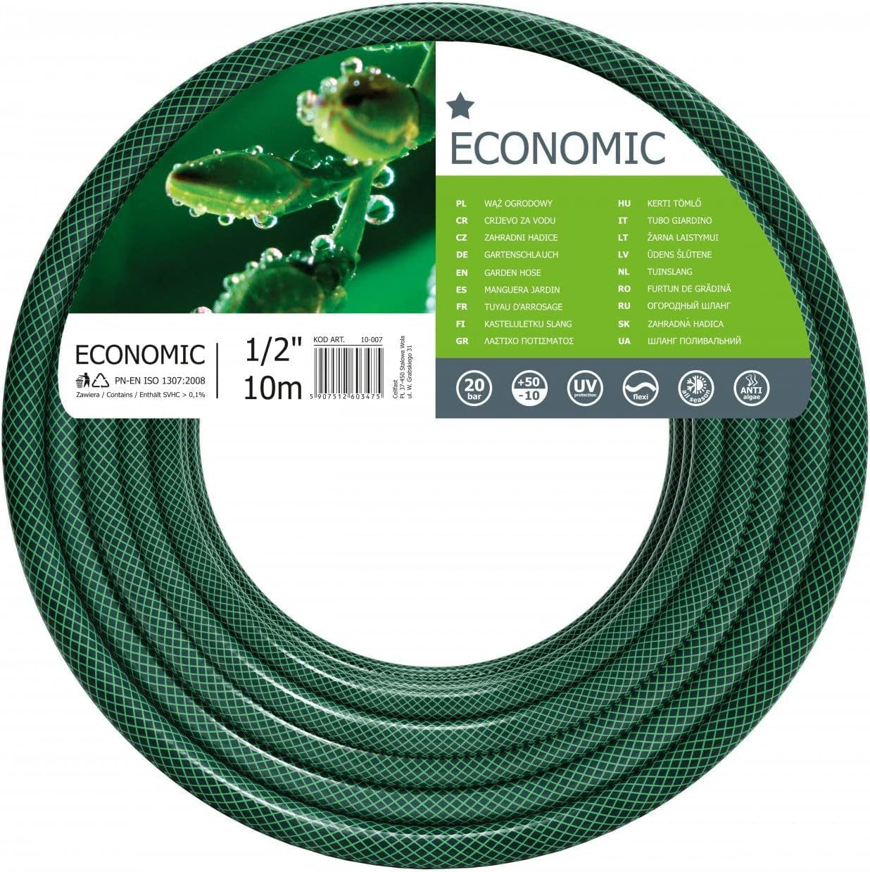 CELLFAST Tubo da Giardino, Tubo per Acqua in Poliestere a Trama Incrociata a 3 Strati per Giardino, Tubo Flessibile per Irrigazione, Resistente ai Raggi UV, Antialghe, 2 Bar, 1/2 Pollice, 10 Metri, Economico
