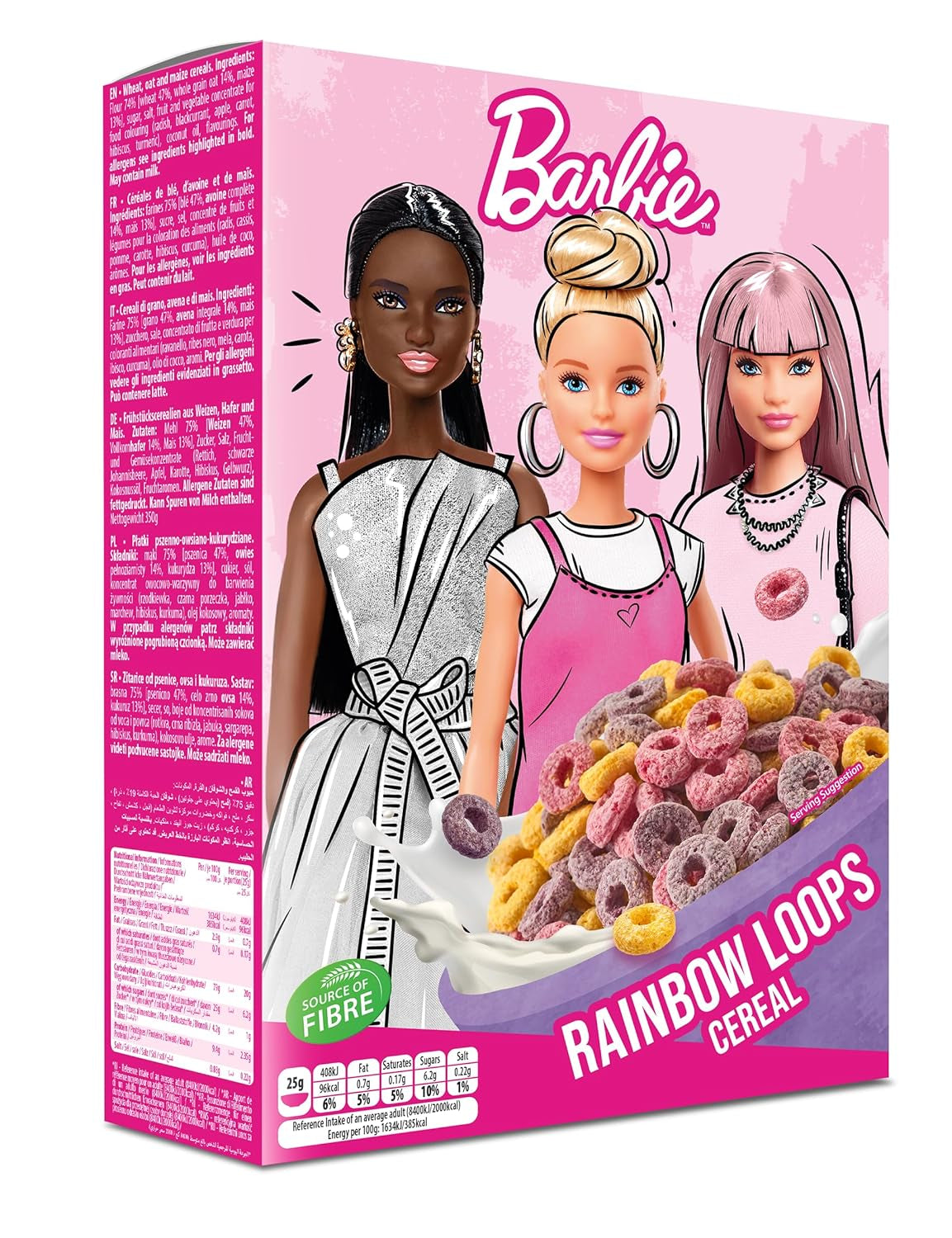 Cereali Barbie Rainbow Loops, anelli colorati di grano, avena e mais al gusto di frutta per una colazione perfetta, 1 confezione (1 x 350g)