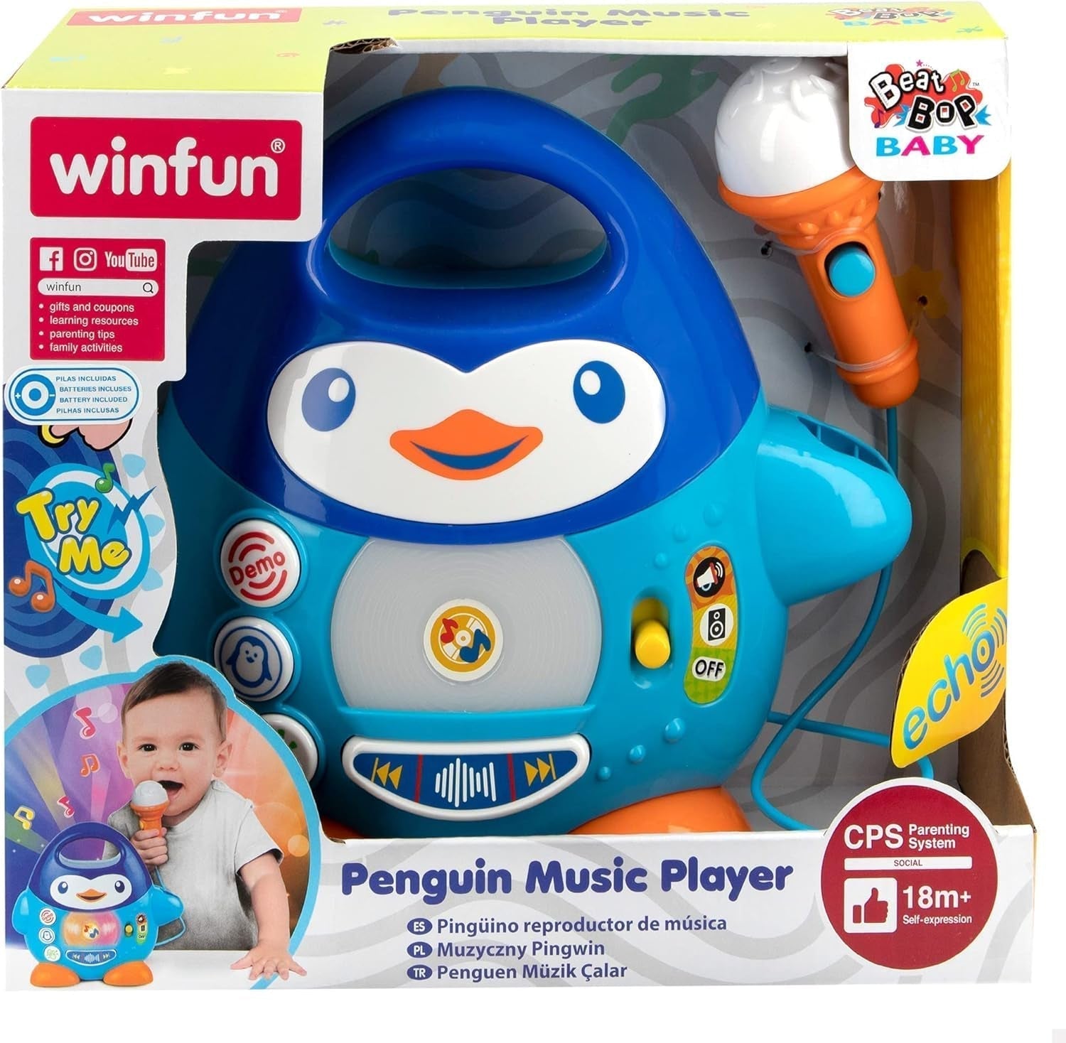 Lettore musicale karaoke WinFun, design pinguino, con luci lampeggianti ed effetti eco, in blu, stile giocoso, connessione USB Baby Toys Naty Shop
