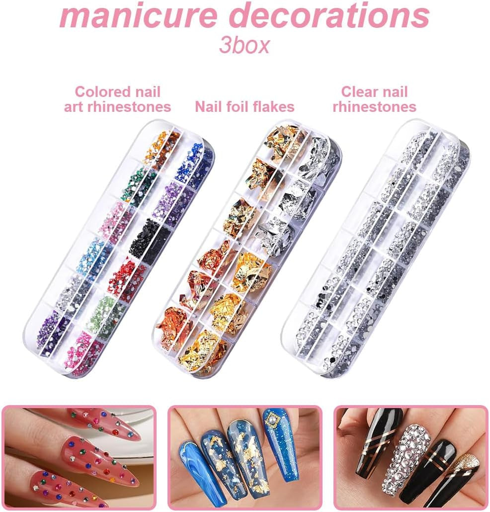 Set di adesivi per unghie e accessori - 5 adesivi per unghie, pennello, pietre, nastro decorativo, lamina d'oro - Perfetto per manicure e unghie in gel - Set da 50 pezzi