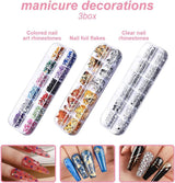 Set di adesivi per unghie e accessori - 5 adesivi per unghie, pennello, pietre, nastro decorativo, lamina d'oro - Perfetto per manicure e unghie in gel - Set da 50 pezzi