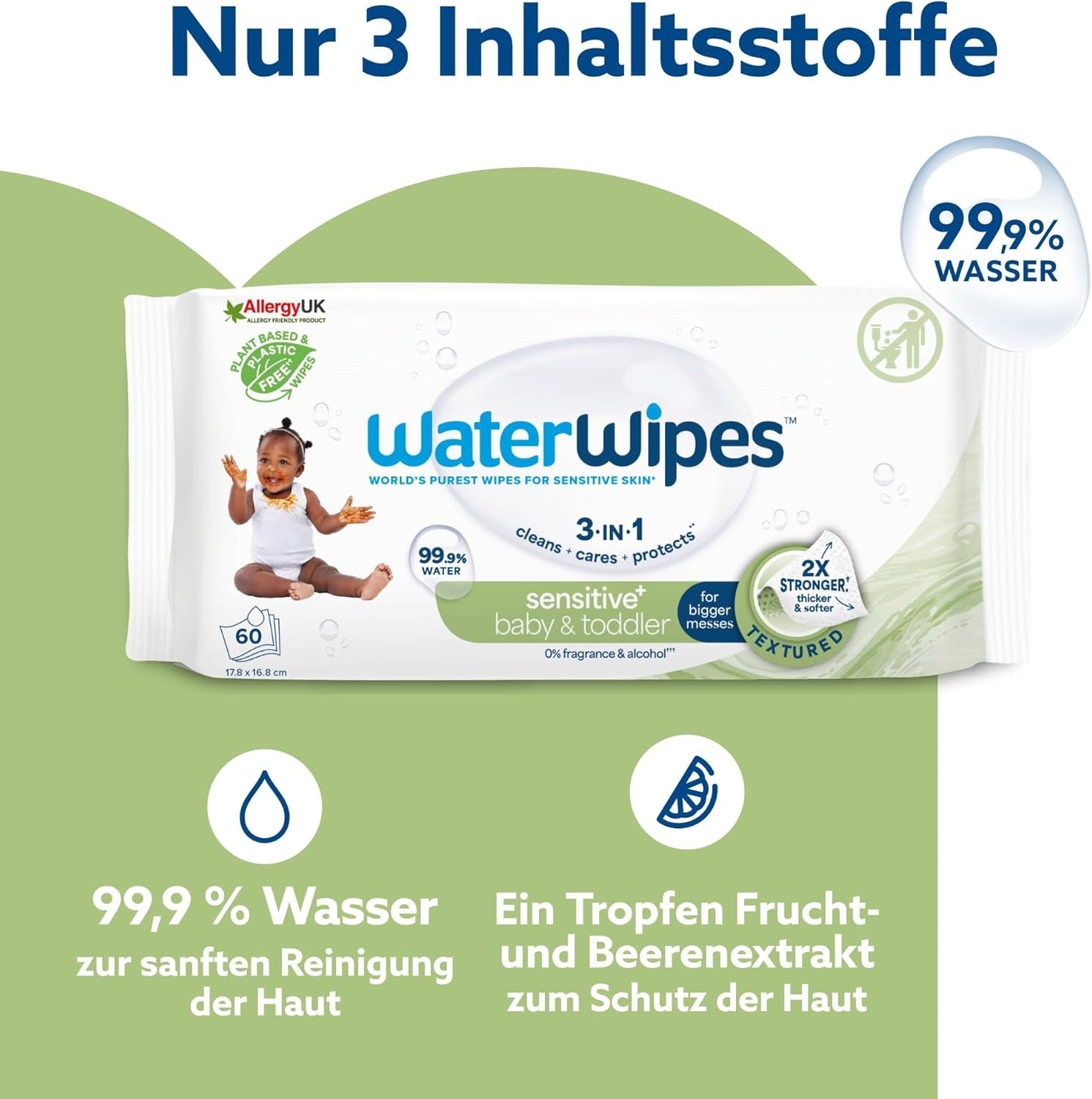 Salviettine umidificate WaterWipes Sensitive+ per neonati e bambini piccoli, 720 pezzi (confezione da 12), pulizia 3 in 1, cura, protezione, 99,9% acqua, detergente strutturato, senza profumo