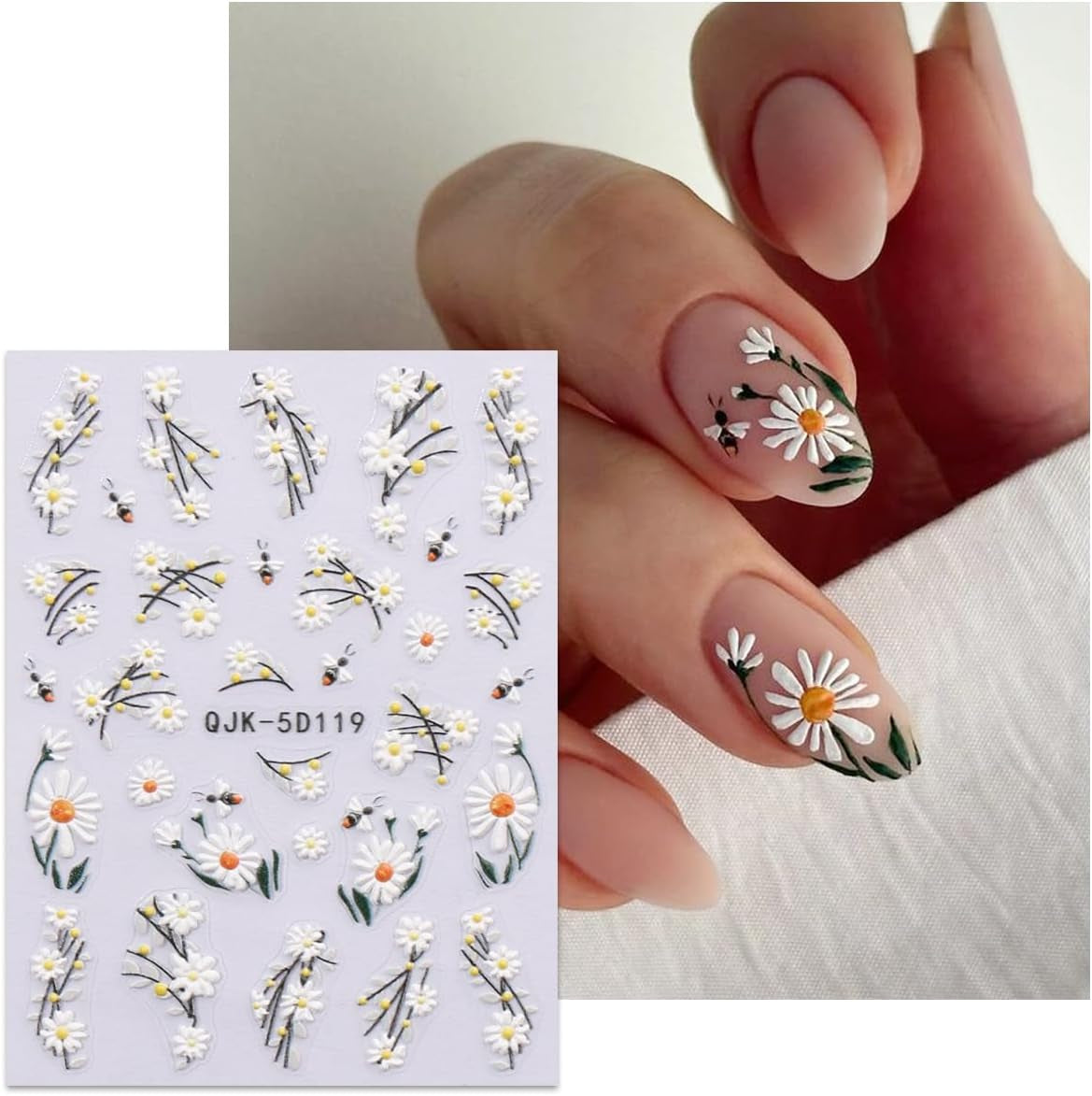 JMEOWIO 3D Nagelsticker Blumen Nail Art Sticker Selbstklebend Nagelaufkleber 5D Stereoscopico Frühling Sommer Dekoration Nageldesign Zubehör 4 Blatt
