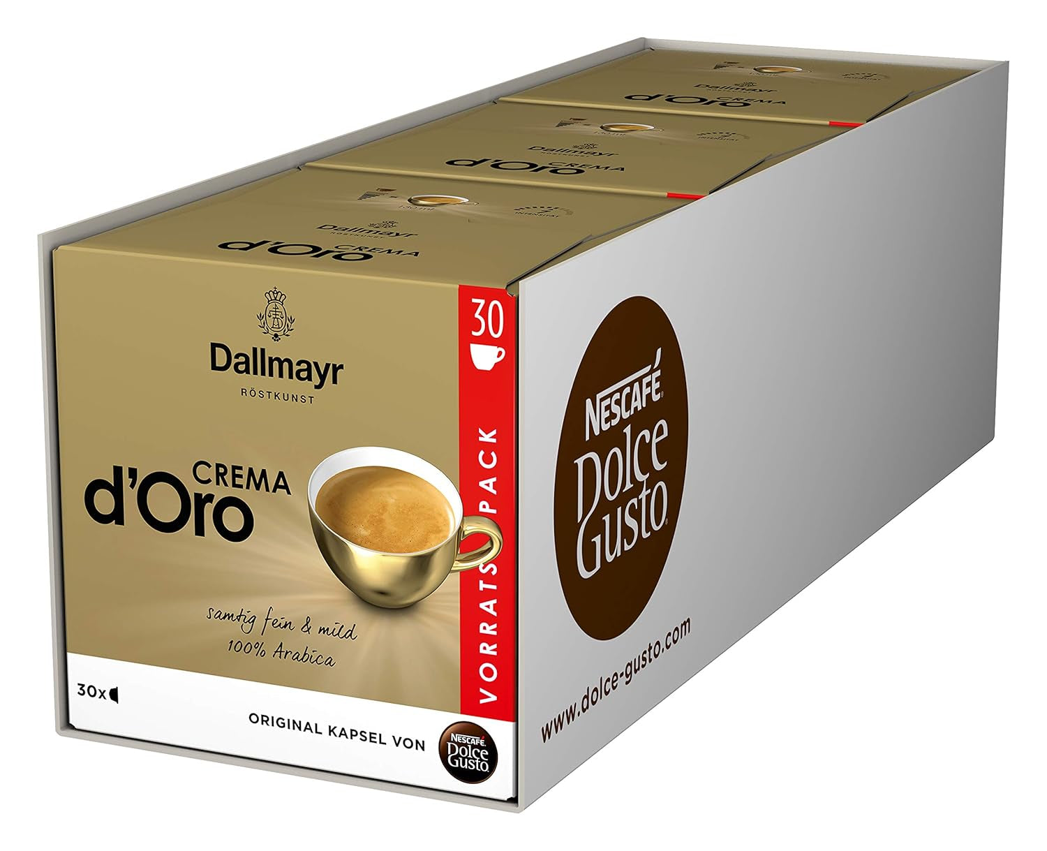 NESCAFÉ Dolce Gusto Dallmayr Crema d'Oro, XXL-Vorratsbox, 90 Kaffeekapseln, 3er Pack (3 x 30 Kapseln) & Espresso, XXL-Vorratsbox, 90 Kaffeekapseln, Aromaversiegelte Kapseln, 3er Pack (3 x 30 Kapseln)