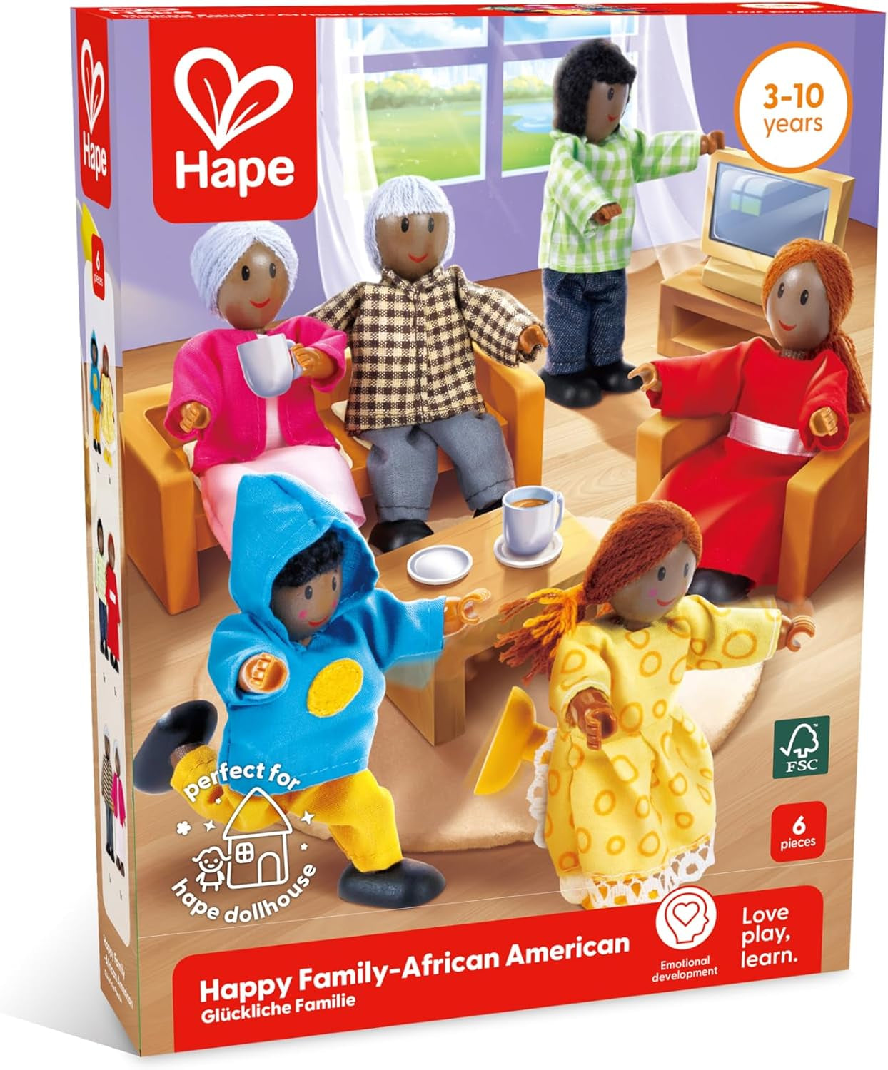 Hape Doll Family - Set di 6 accessori per casa delle bambole in pelle scura con figure in legno e tessuto, gioco di finzione, giocattolo educativo, giocattolo interattivo per bambini dai 3 anni in su