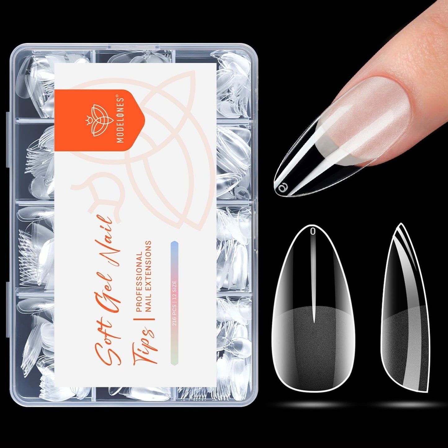 Modelones Nail Tips 216 pezzi - Set di punte per unghie a copertura totale, Set di punte in gel morbido, Punte per unghie in resina PMMA pre-lucidatura, Colla fai-da-te su unghie artificiali, Mandorle corte XS
