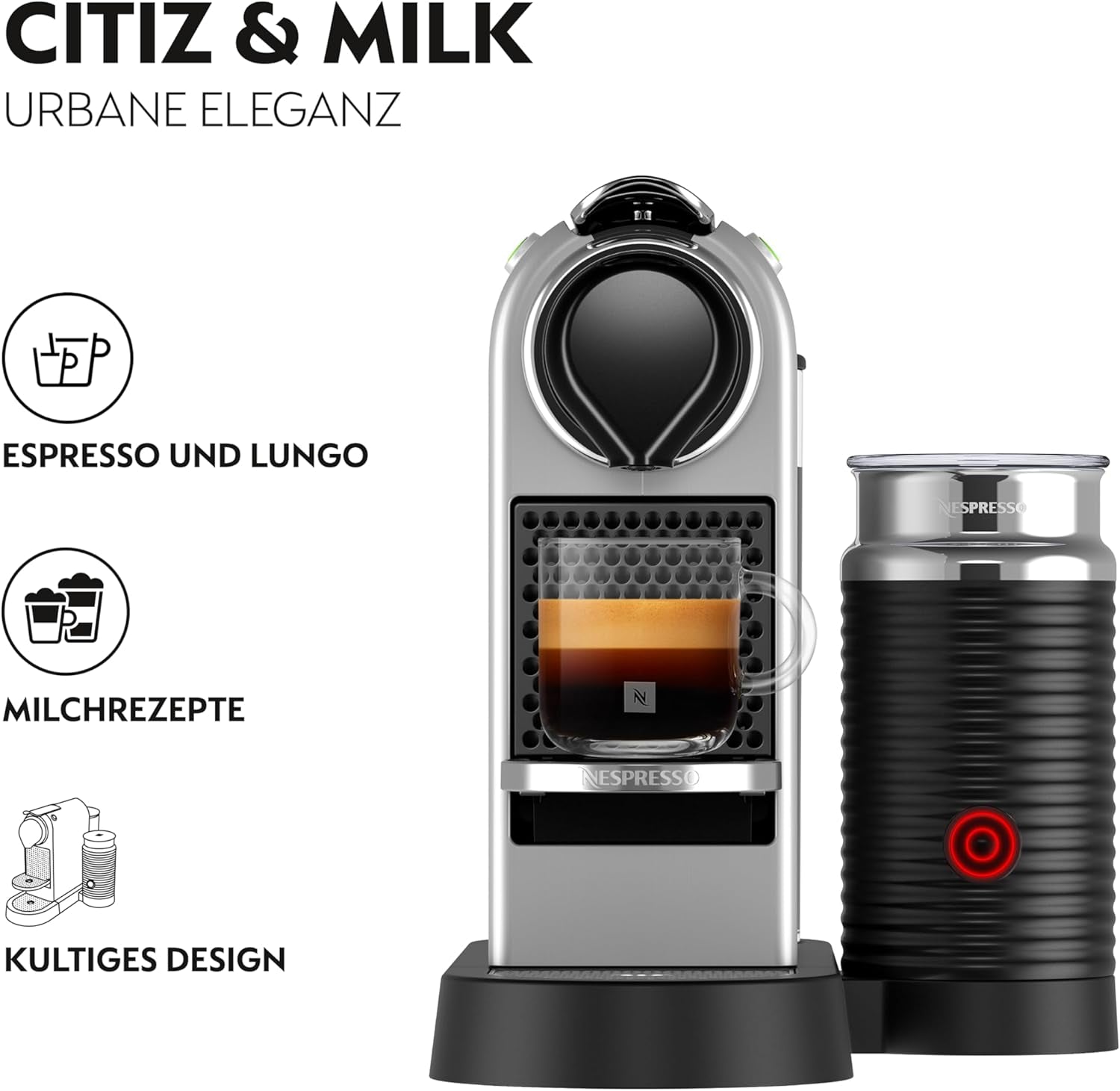 Macchina per caffè espresso con capsule Nespresso XN761B Citiz&Milk | Modalità standby automatica | 1260 watt | Capacità serbatoio acqua: 1 l | Pressione della pompa: 19 bar | Argento