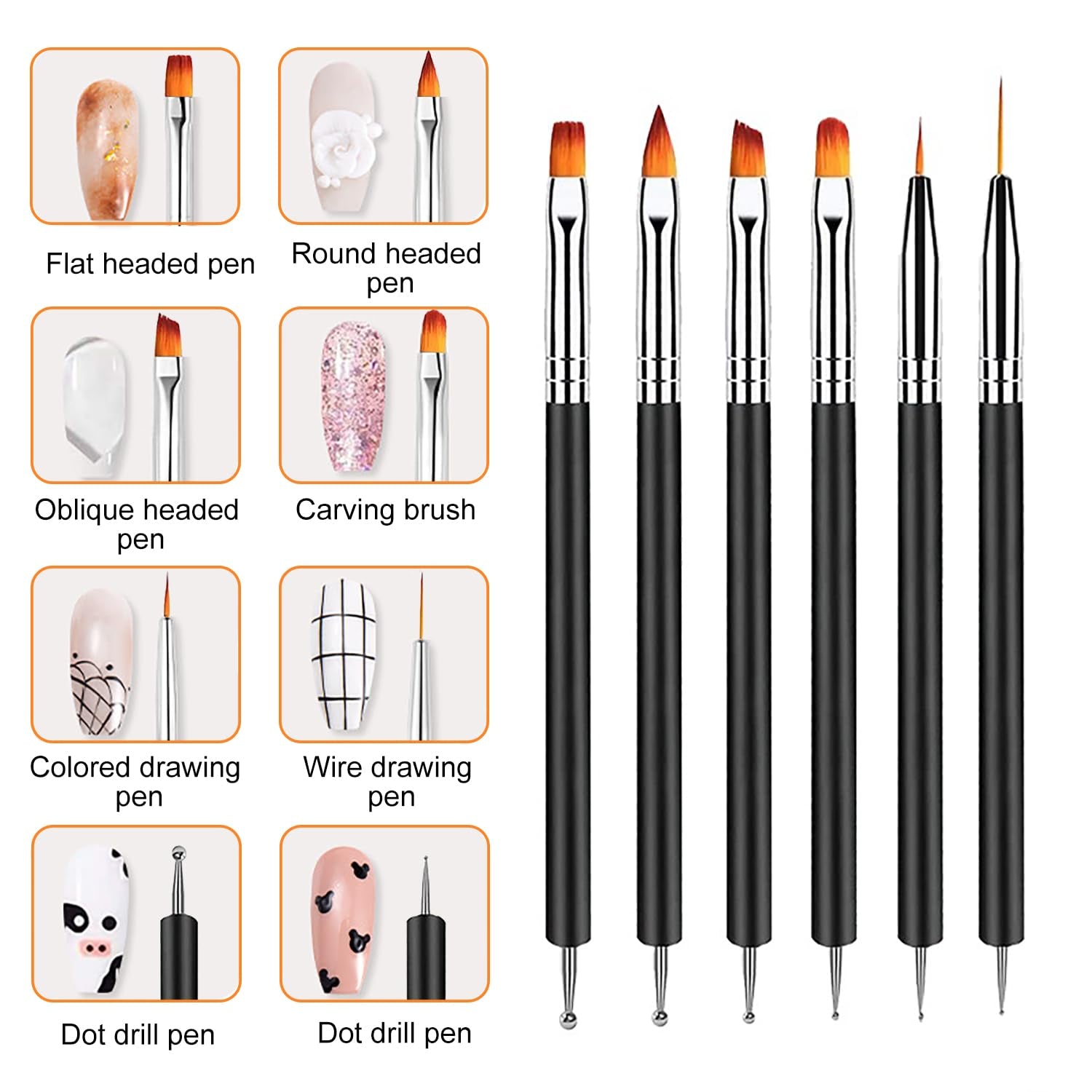 6 Stück Doppel-Ende Nagel Pinsel, Nageldesign Pinsel, Doppel-Ende Nail Art Pinsel Kit Professionale Maniküre Werkzeuge Kit（Nero）