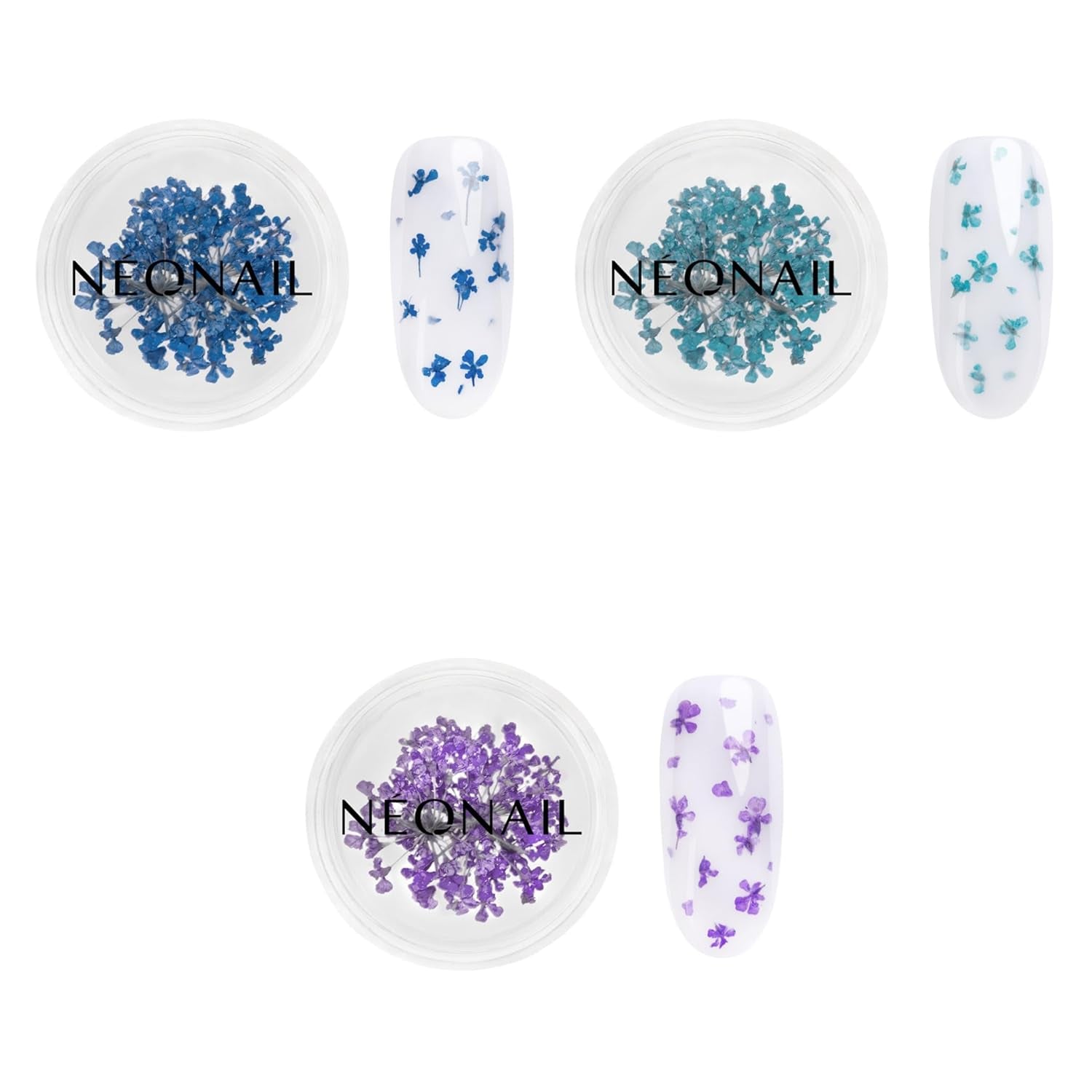 NÉONAIL Nail Art Flowers Set - Trockenblumen - Getrocknete Blumen - Nageldesign Zubehör - Nageldekorationen - Getrocknete Blüten - Decorazione per unghie - Gelnägel Zubehör - 3 Farben - Rosa, Lila, Arancione
