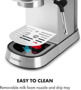 Klarstein Futura Macchina per caffè espresso, Macchina per caffè espresso con filtro portatile, 1450 W, 20 bar, Qualità Barista, Doppio ugello, Arresto del flusso, Macchina per caffè espresso con filtro portatile, Funzione montalatte, Argento