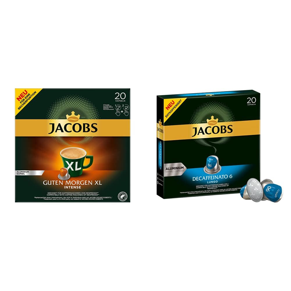 Jacobs Kaffeekapseln Guten Morgen XL Intense - Confezione da 10 (10 x 20 Getränke) & Kaffeekapseln Lungo Decaffeinato- Intensität 6- 200 Capsule compatibili Nespresso, Confezione da 10, 10 x 20 Getränke