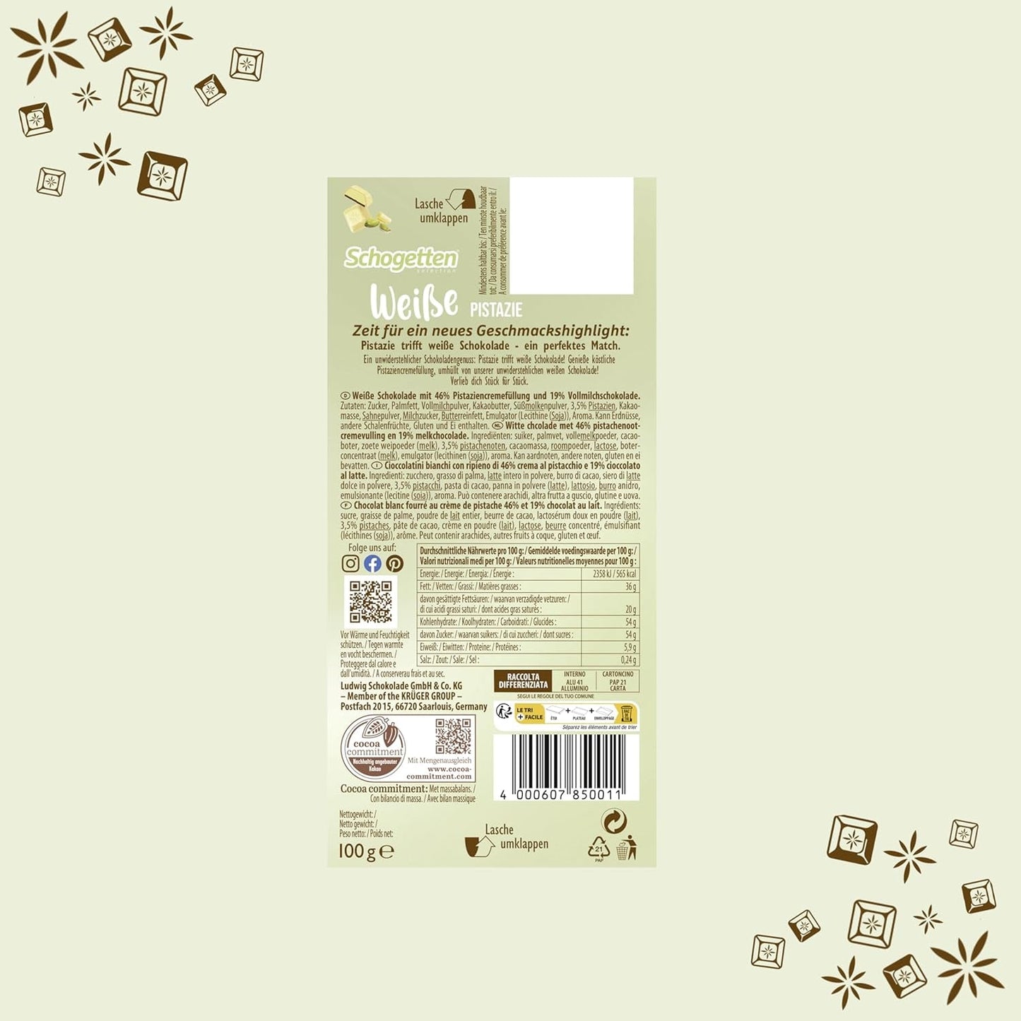 Schogetten Pistacchio Bianco | Cioccolato bianco con ripieno di crema al pistacchio | 100 g| Convenientemente porzionato (confezione da 3)