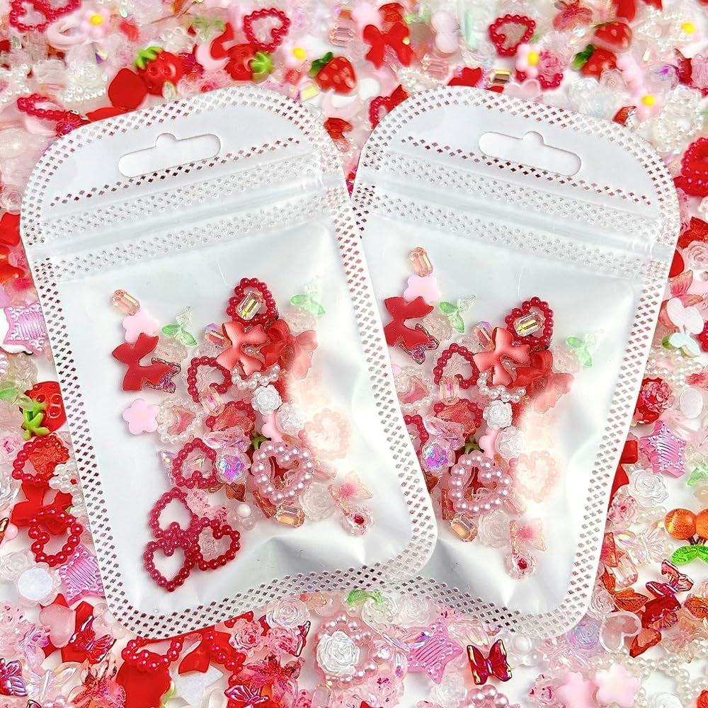 100 pz 3D Nail Charms Rosa Rot Kirsche Erdbeere Blume Nagel Charms Kamelie Rose Schmetterling Nail Art Charms Flatback Herz Schleife Charms Nägel Zubehör Mond Stern Nagelschmuck Nageldesign Anhänger