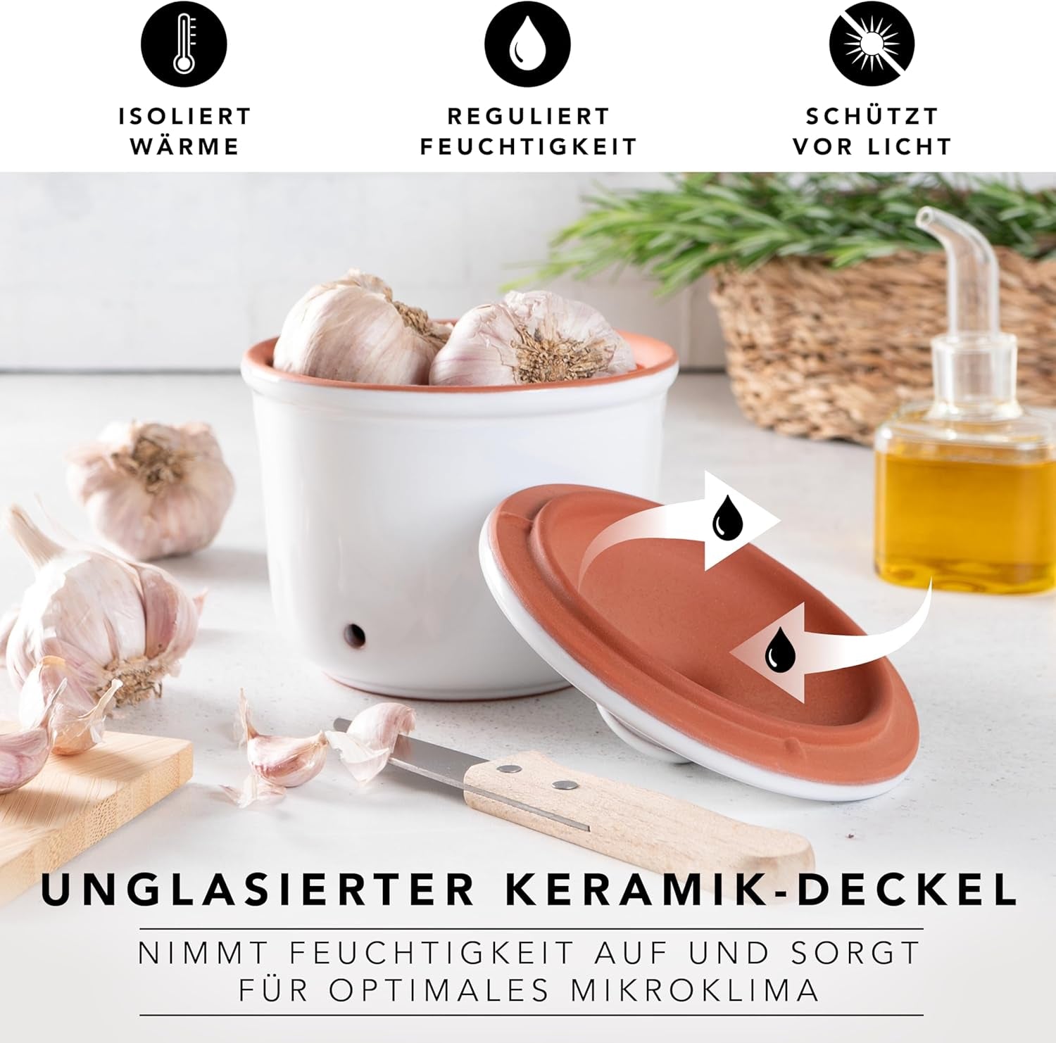 Römertopf Fresh Pot MINI 0,6 litri - Pentola per aglio in ceramica - L'argilla traspirante mantiene le verdure fresche più a lungo - Circolazione dell'aria ideale - Contenitori per alimenti bianchi Naty Shop