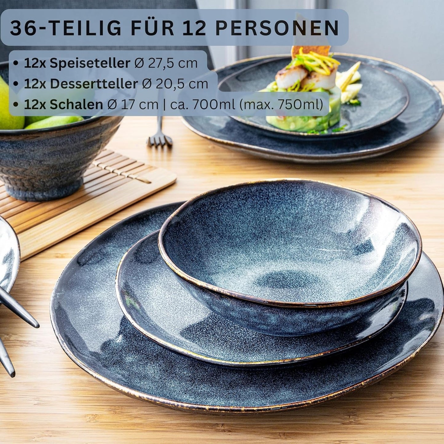 Sanger | Set di stoviglie Tokyo da 36 pezzi Set di stoviglie in porcellana per 12 persone Stoviglie moderne fatte a mano blu scuro con accenti neri | LA COLLEZIONE PREMIUM