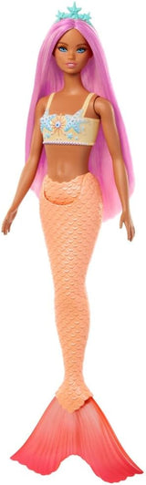 Barbie Sirena con capelli rosa fantasia e fascia per capelli, bambola con testa di stella marina e morbida pinna caudale arancione, HRR05