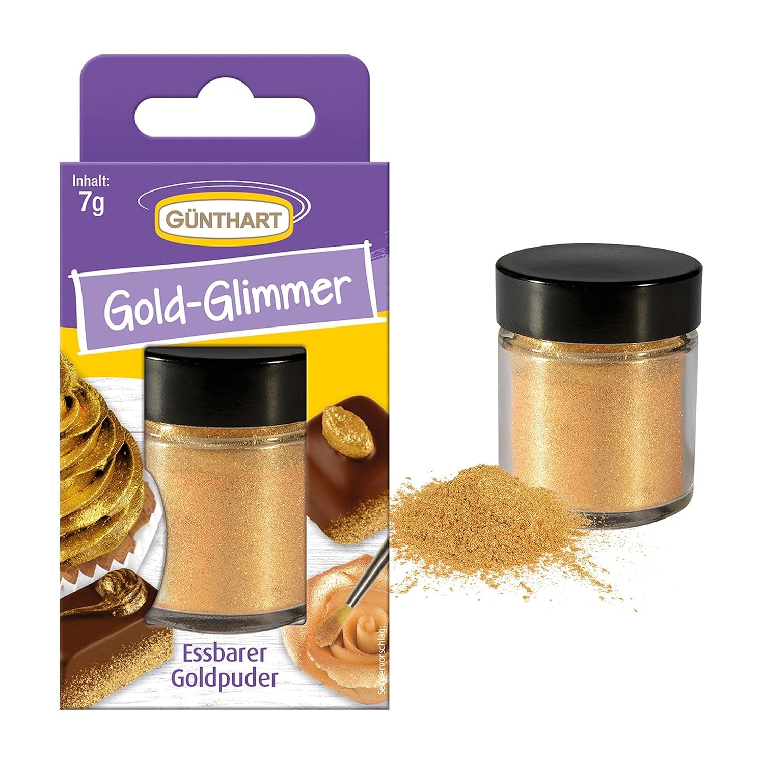 Günthart Backdecor Gold Powder - Glitter commestibili, colorante alimentare, glitter per bevande - Piccoli glitter con polvere d'oro per gli appassionati di pasticceria, 1 confezione (1 x 7 g)