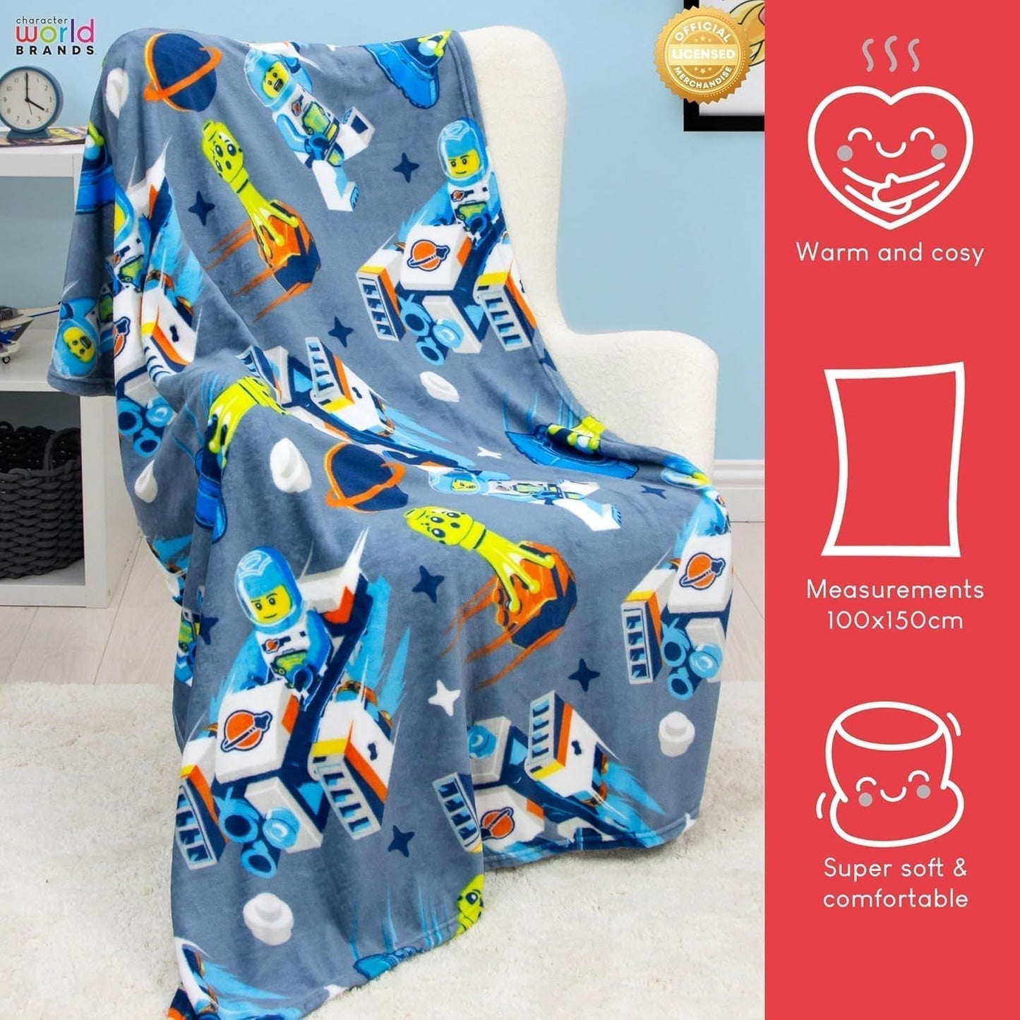 Coperta in pile ufficiale LEGO® City di Character World, morbidissima, calda coperta blu, design Cityspace, perfetta per la camera da letto, il campeggio e per dormire, letti e coperte da 100 x 150 cm Besuche den Character World-Store