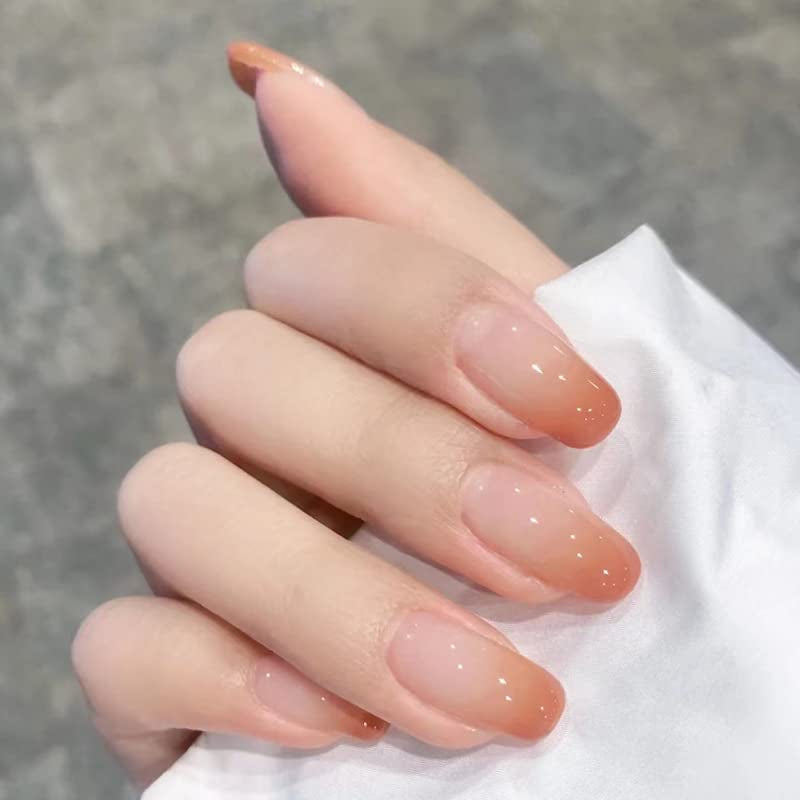 24 pezzi French Press su unghie corte Bara Unghie artificiali Rosa corallo Ombre Unghie adesive Set di unghie ballerina Punte per unghie acriliche Donna Primavera Estate Accessori per unghie