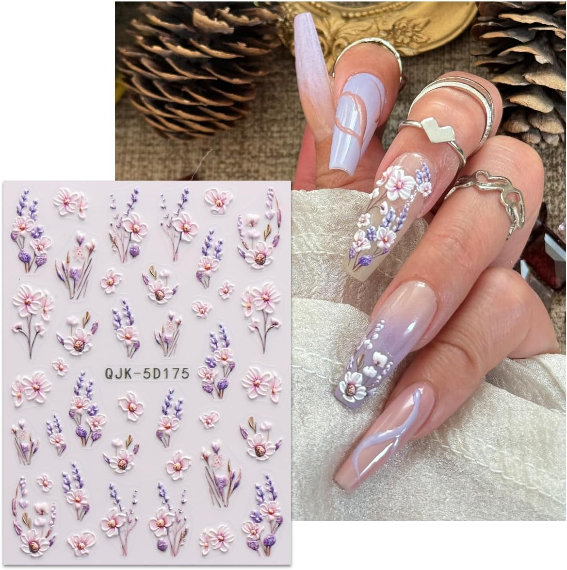 JMEOWIO 3D Nagelsticker Blumen Nail Art Sticker Selbstklebend Nagelaufkleber 5D Stereoscopico Frühling Sommer Dekoration Nageldesign Zubehör 4 Blatt