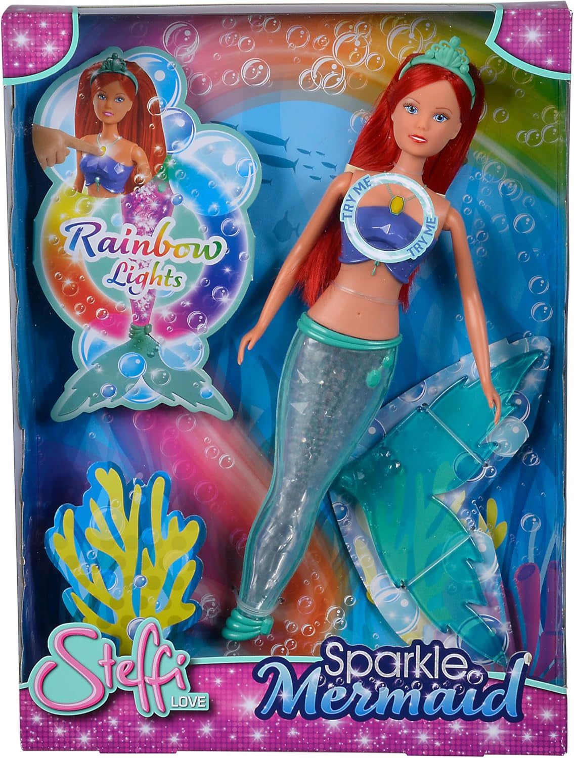 Simba 105733656 - Steffi Love Bambola Sirena Scintillante (39 cm) - Sirena Luminosa che Cambia Colore Arcobaleno Luminoso Giocattolo Impermeabile per Bambini dai 3 Anni in su