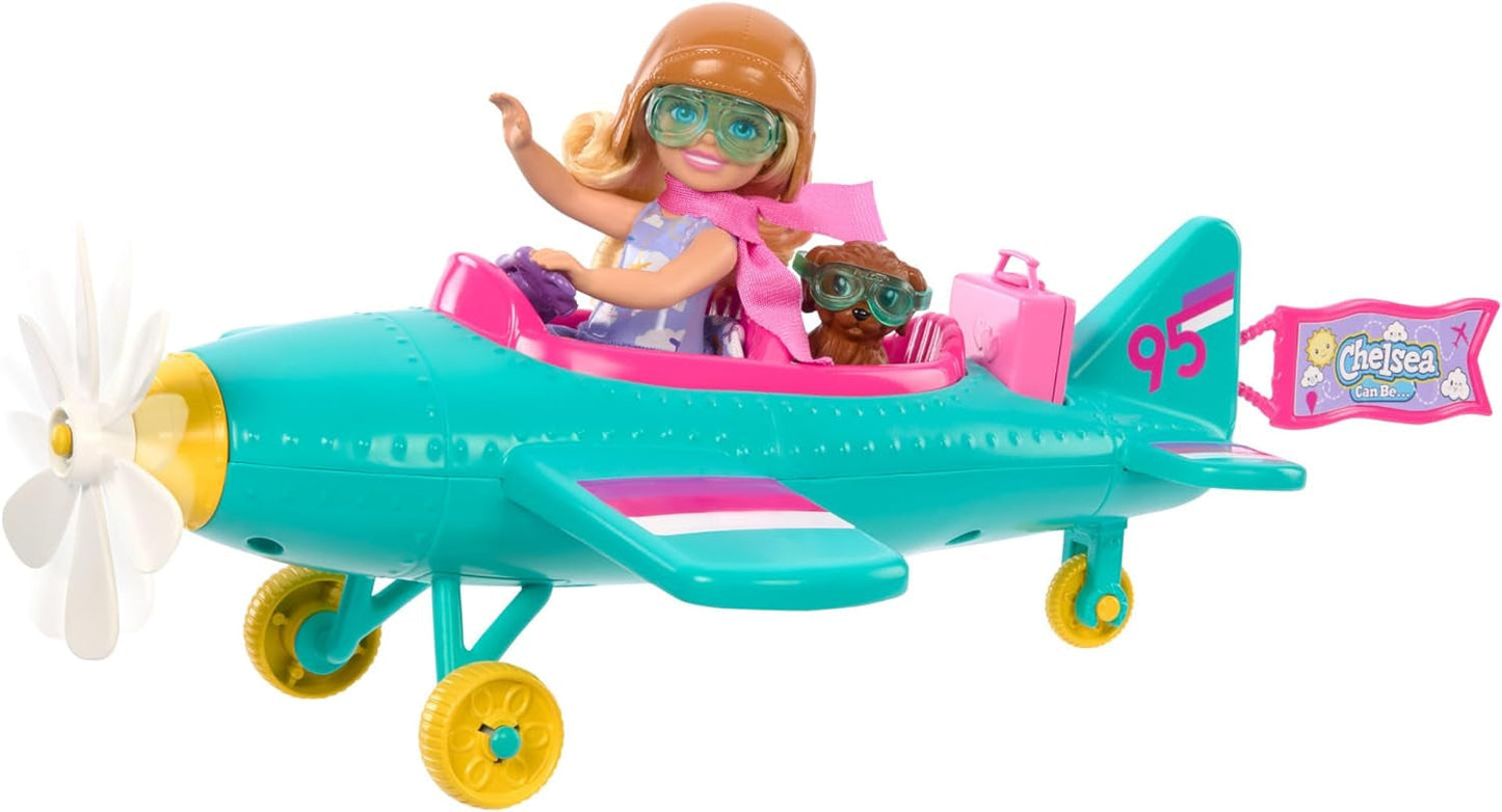 Barbie Chelsea Aereo Bambola e Playset - Bambola Pilota, Aereo, Maniglia e Accessori per Storia, Ruote ed Eliche con Gamba a Fiore, Età 3+, HTK38 Naty Shop Dolls Titolo predefinito