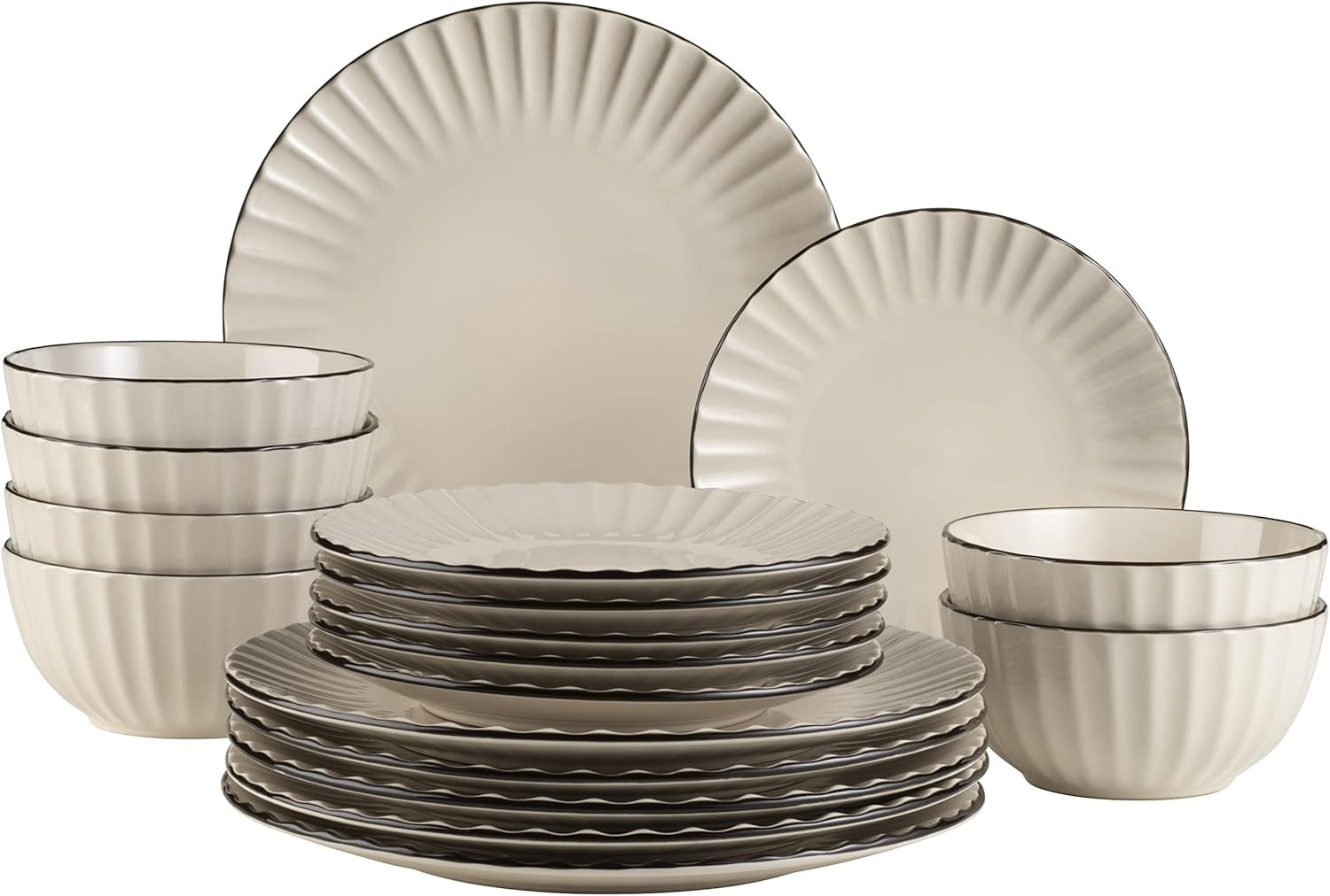 MÄSER 931967 Osita Retro Series 6 persone Wave Servizio da tavola, Set di stoviglie rotonde da 18 pezzi, Piatti piani, Piatti da dessert e Ciotole per cereali, Ceramica, Bianco crema
