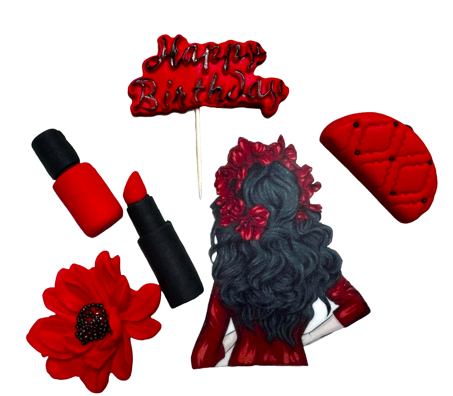 Set di 6 decorazioni commestibili in pasta di zucchero, Bella Signora, Decorazioni in pasta di zucchero Rosse e Nere Naty Shop