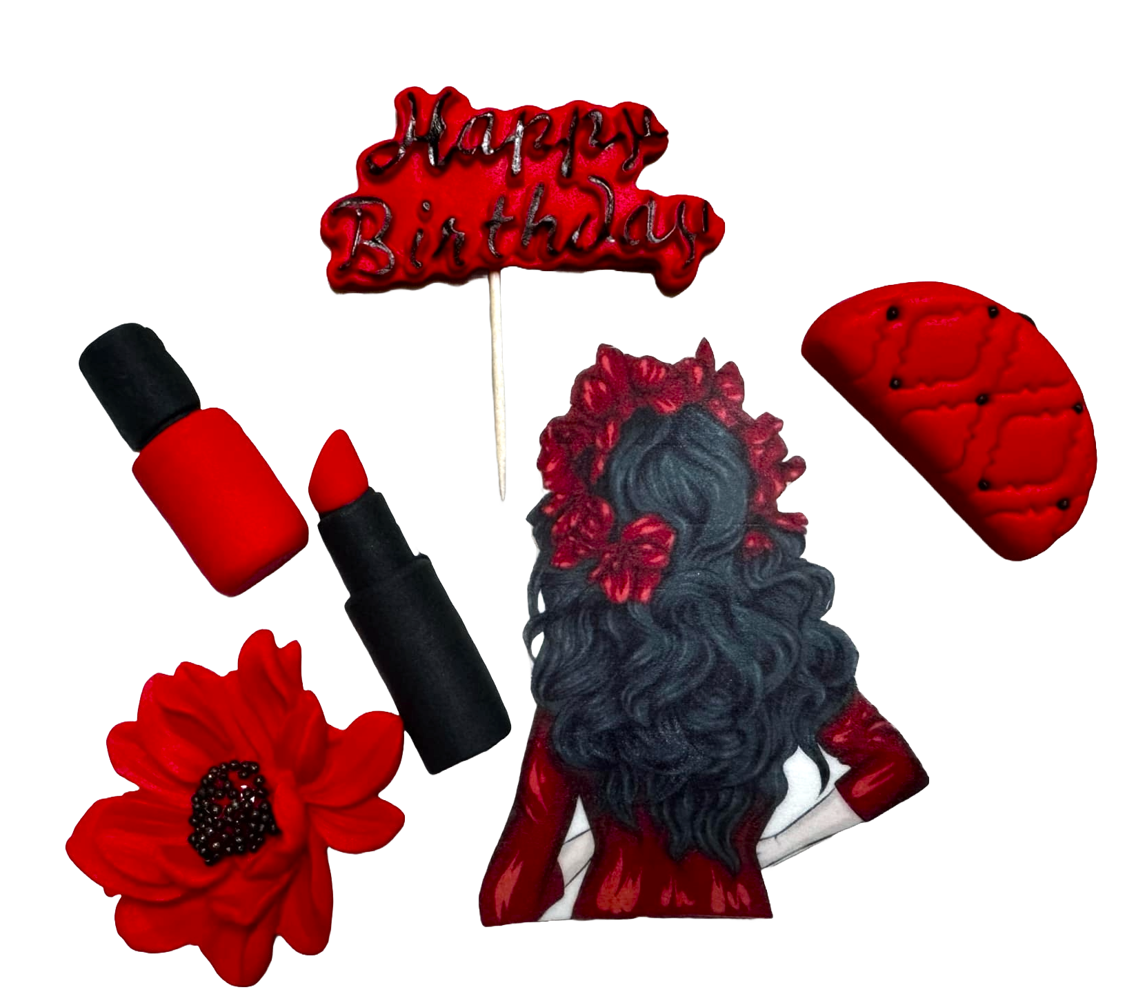 Set di 6 decorazioni commestibili in pasta di zucchero, Bella Signora, Decorazioni in pasta di zucchero Rosse e Nere Naty Shop