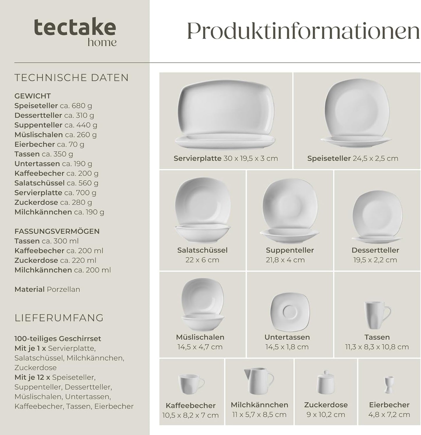 tectake® Servizio Piatti per 12 Persone, Servizio Piatti in Porcellana da 100 Pezzi, Compresi 12 Piatti, 12 Piatti Dessert, 12 Piatti Piani, 12 Tazze, 12 Ciotole per Cereali, Insalatiera, Lattiera, Zuccheriera