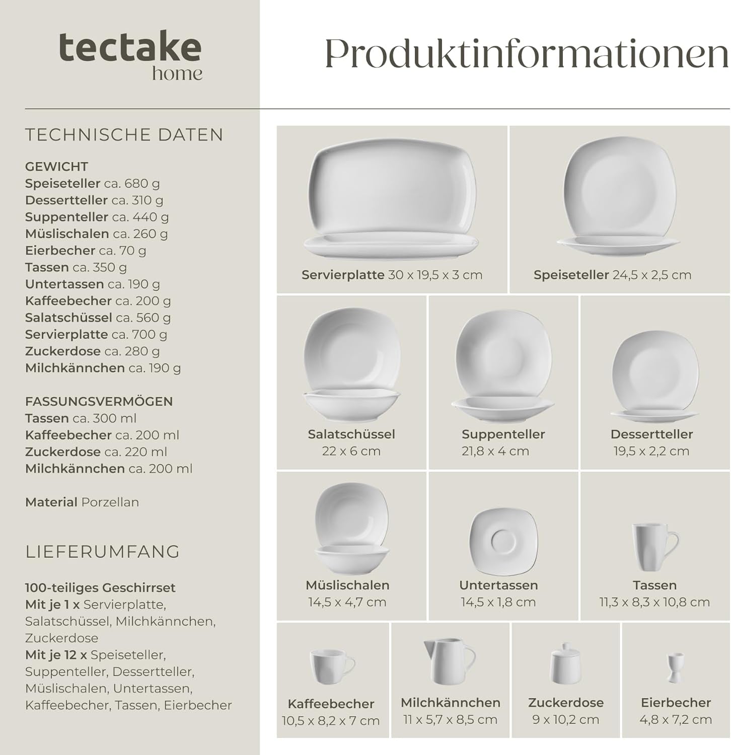 tectake® Servizio Piatti per 12 Persone, Servizio Piatti in Porcellana da 100 Pezzi, Compresi 12 Piatti, 12 Piatti Dessert, 12 Piatti Piani, 12 Tazze, 12 Ciotole per Cereali, Insalatiera, Lattiera, Zuccheriera