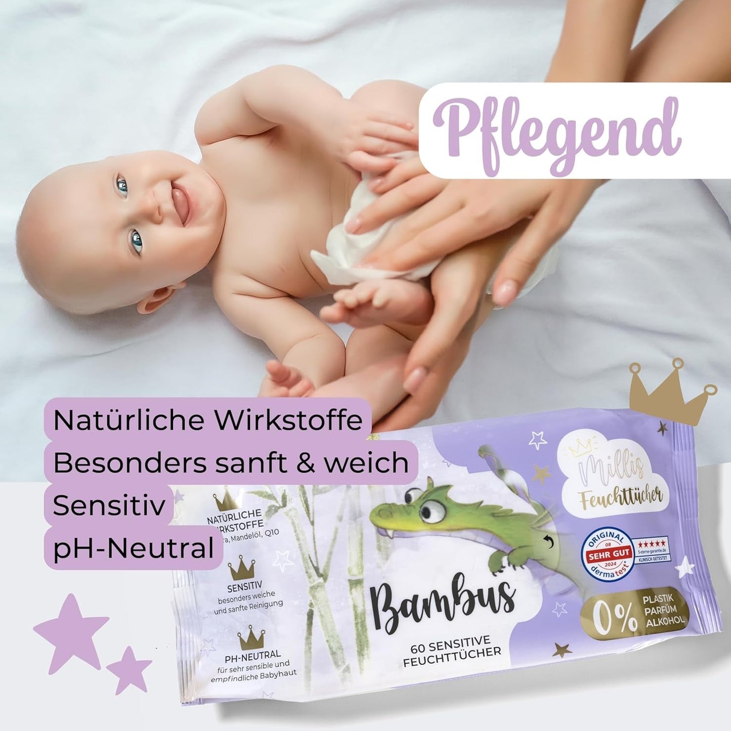 Salviette umidificate Millis Bamboo Baby Sensitive per la pelle delicata del bambino - 5 x 60 pezzi - Pulizia naturale, delicata e sostenibile - Salviette biodegradabili per neonati, senza plastica e senza alcool